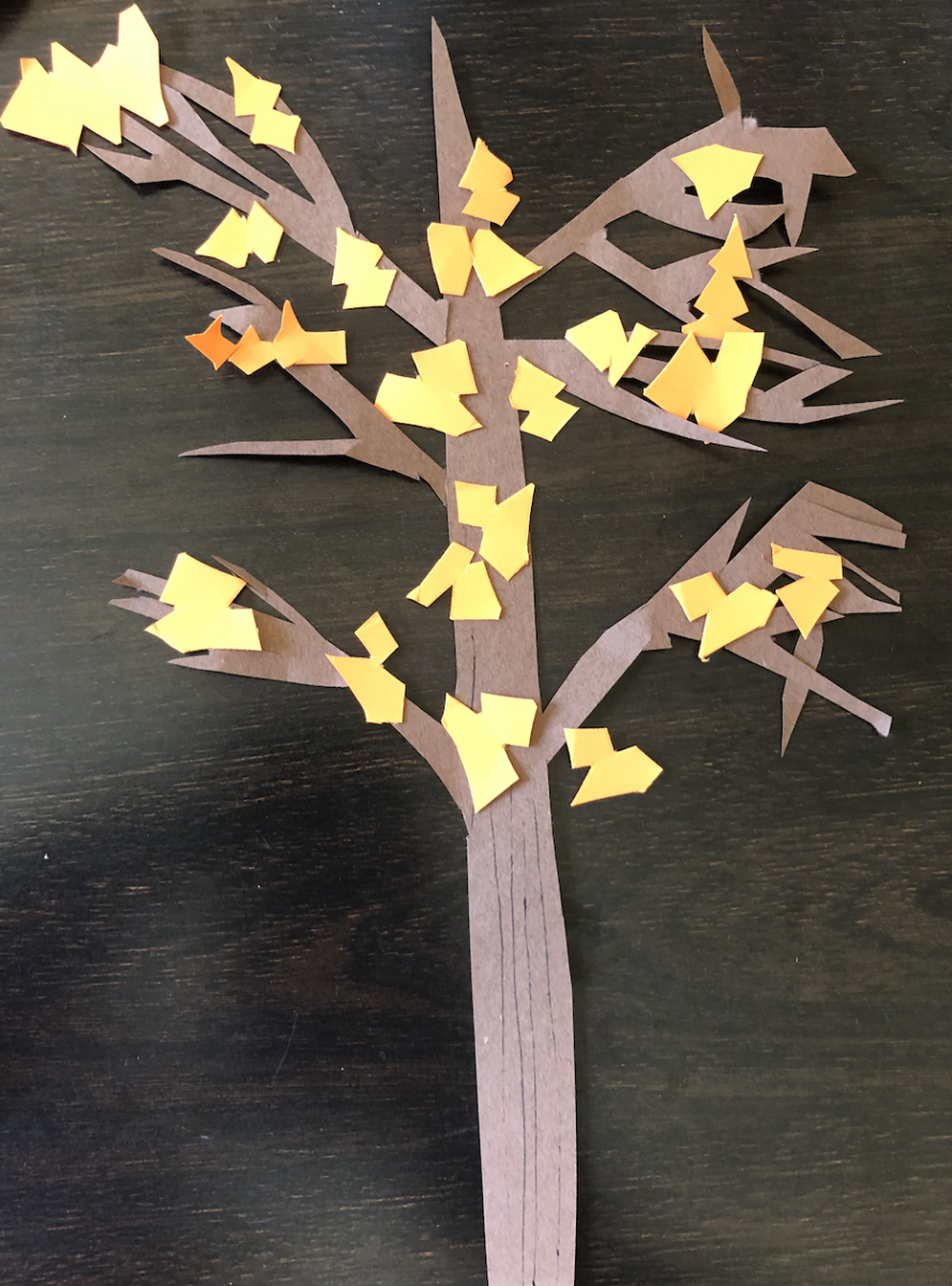 A construction paper rendering of the Northern Red Oak, in autumn.